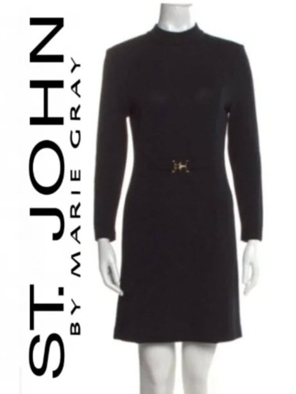 St. John Black Wool Knit Dress Gold Belt Accent Size 6